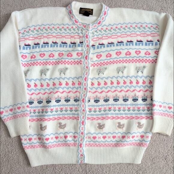 90s Eddie Bauer Cardigan Sweater Lamb Sheep Heart Duck Flower Granny Grandma L - Picture 4 of 9